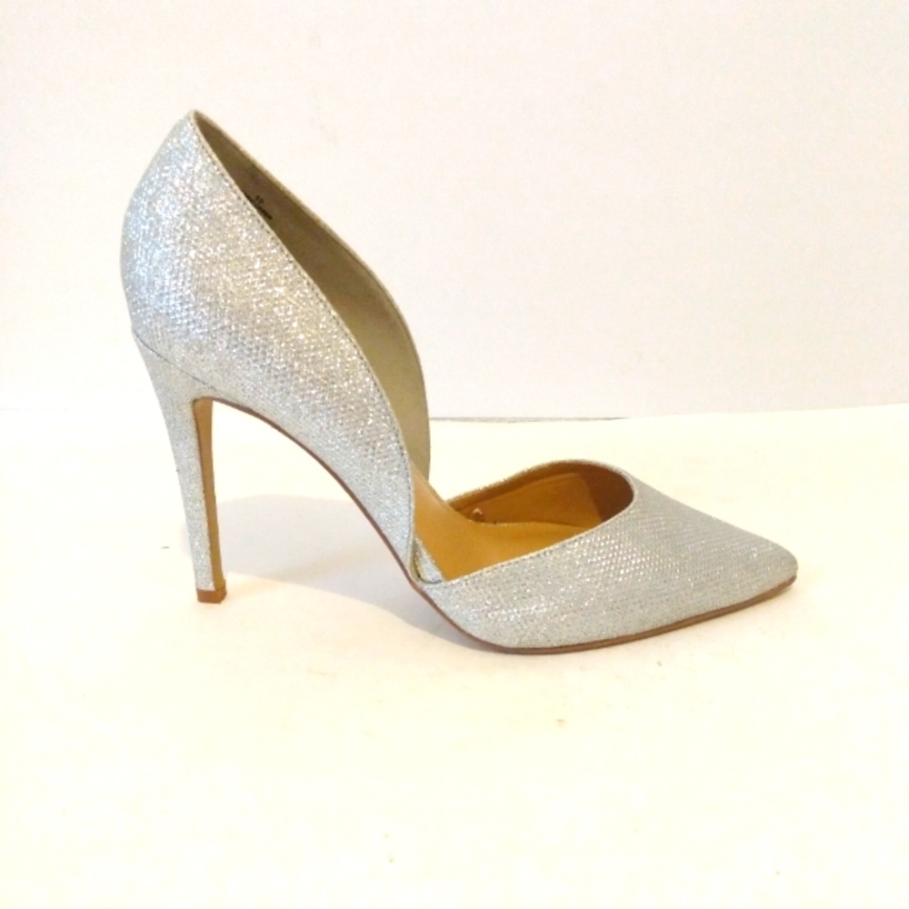 Express Silver Fabric Glitter Point Toe Evening Wedding Pump 4 1/2" Heels sz 10